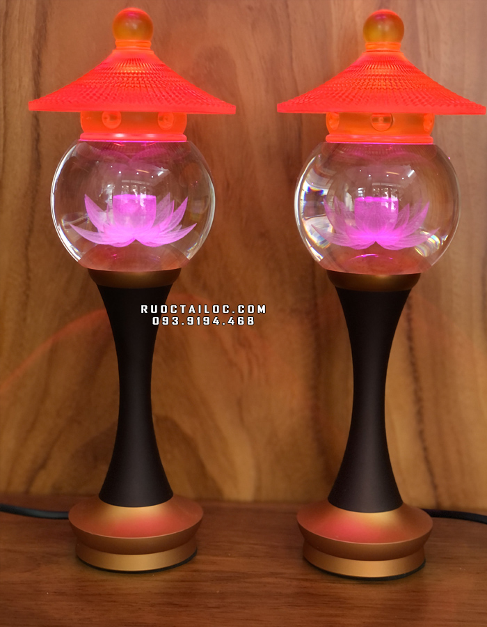 Đèn thờ cúng pha lê nắp lưu ly đổi màu 7 chế độ cao 22-24cm