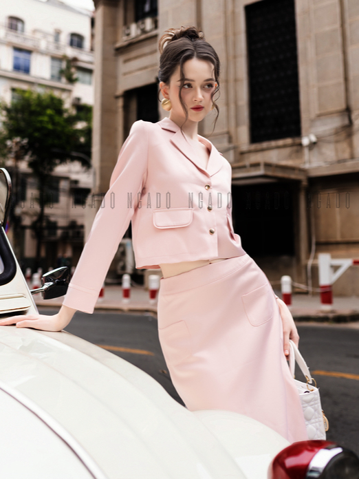 Set vest hồng dài tay NGADO , set đồ nữ , set đồ nữ thiết kế , sang trọng , dự tiệc , Set áo kèm chân váy