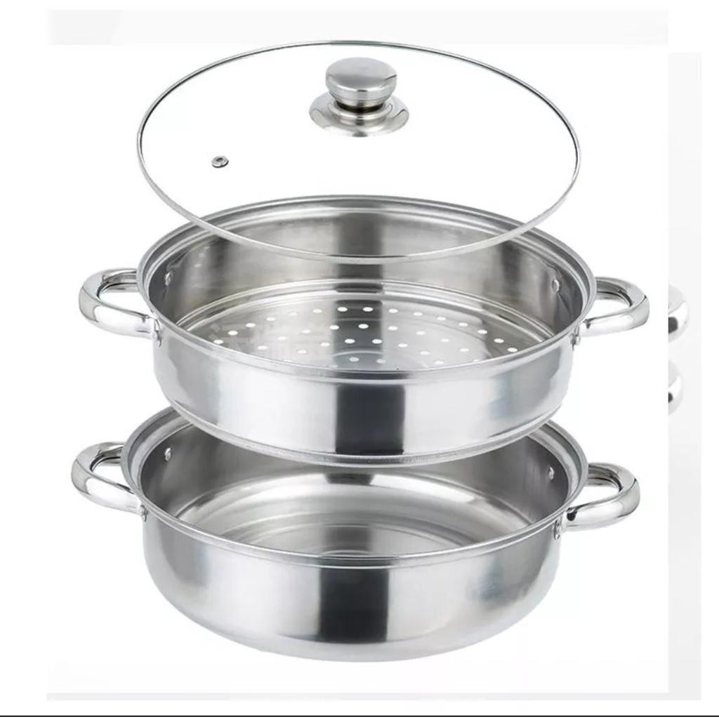 Nồi Hấp Inox 2 Tầng  Đa Năng, Nồi Hấp Bánh Bao, Hấp Trứng Cao Cấp Nắp Kính