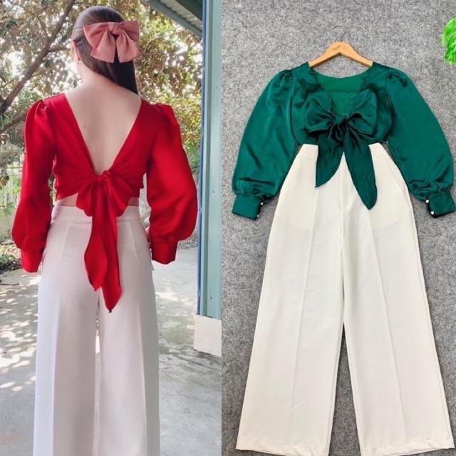 Áo Kiểu Nữ Cột Nơ Sau YURITA Tay Dài Chất Lụa Form Croptop Dễ Thương Phong Cách Hàn Quốc Đủ Màu Dễ Phối Đồ