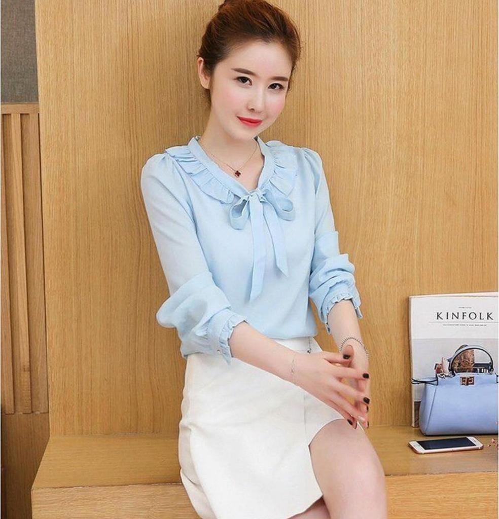 Áo công sở tay dài cổ xếp bèo cột nơ xanh