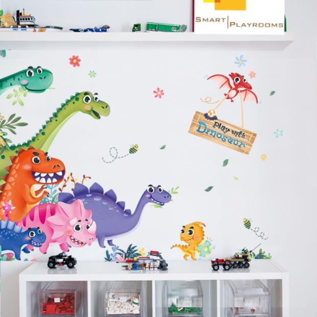 Decal trang trí tường - Những chú khủng long đa sắc màu