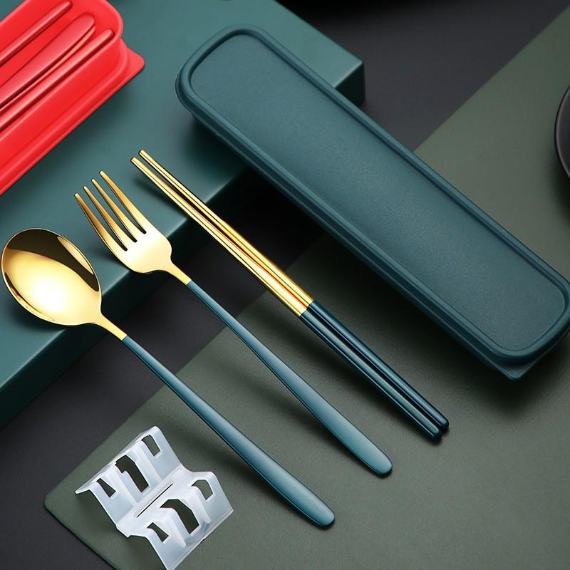 Bộ 3 loại muỗng  đũa nĩa bằng thép không gỉ du lịch, cơm trưa văn phòng kèm hộp tiện dụng