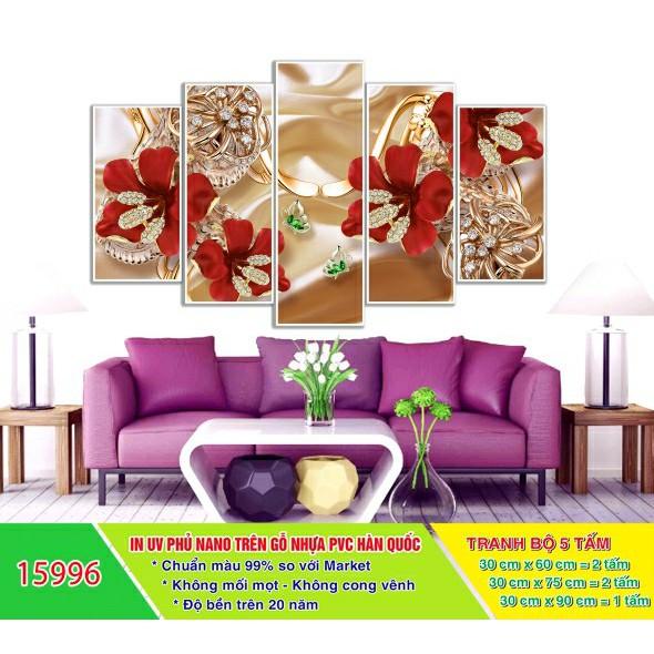 Tranh treo tường phòng khách Hoa đính đá 5 tấm/gỗ MDF chống ẩm mốc, mối mọt