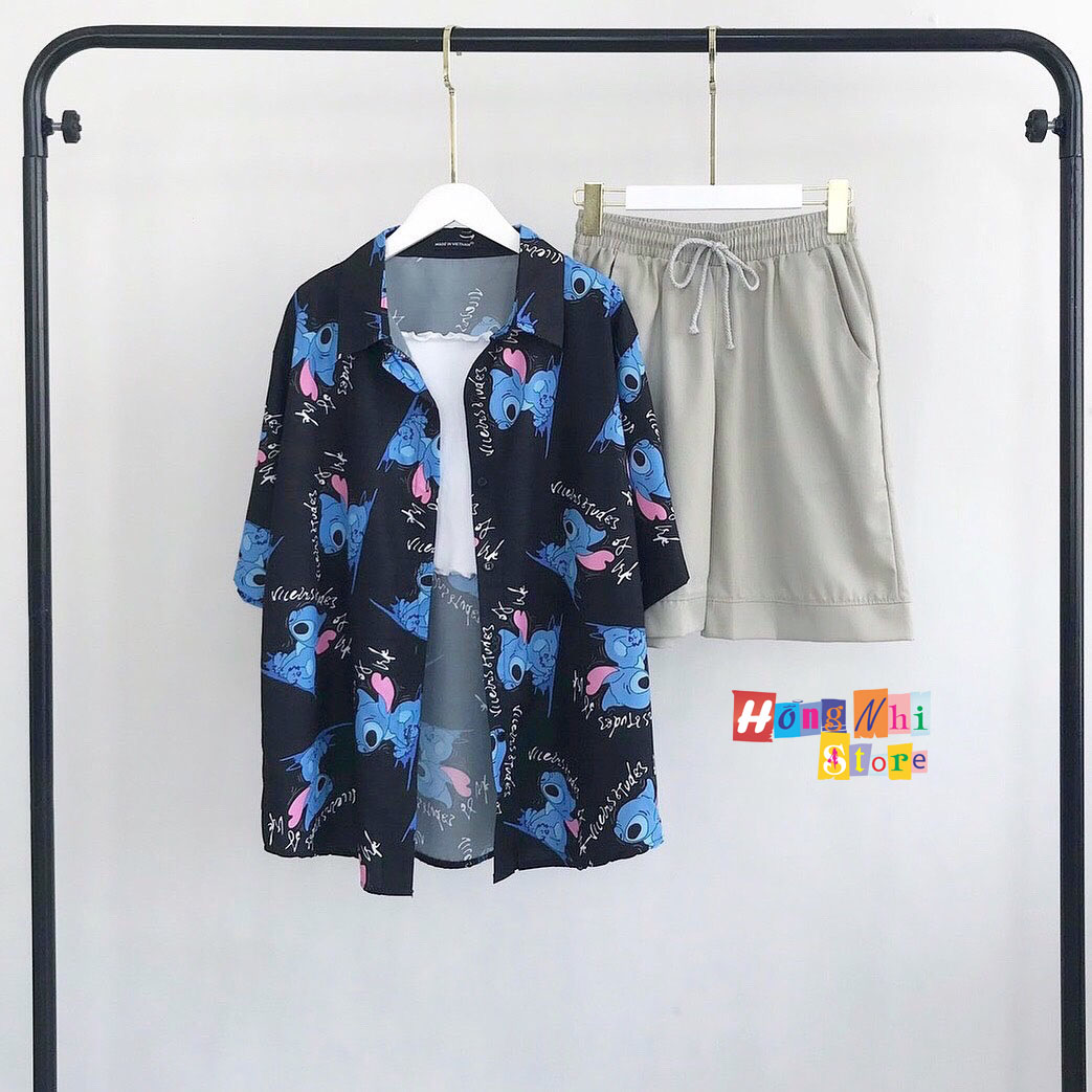 Áo Sơ Mi Hoạ Tiết Tay Lỡ Dáng Rộng, Sơ Mi Con Xanh Tay Lửng Unisex - MM