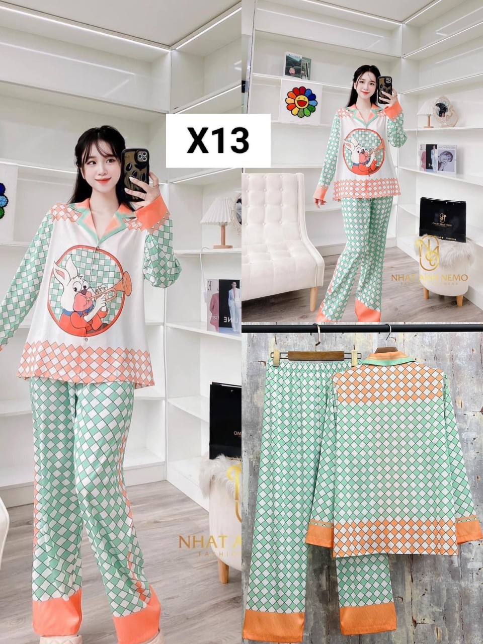 Bộ lụa xước pijama thiết kế tay dài quần dài 40-60kg. Ảnh Thật