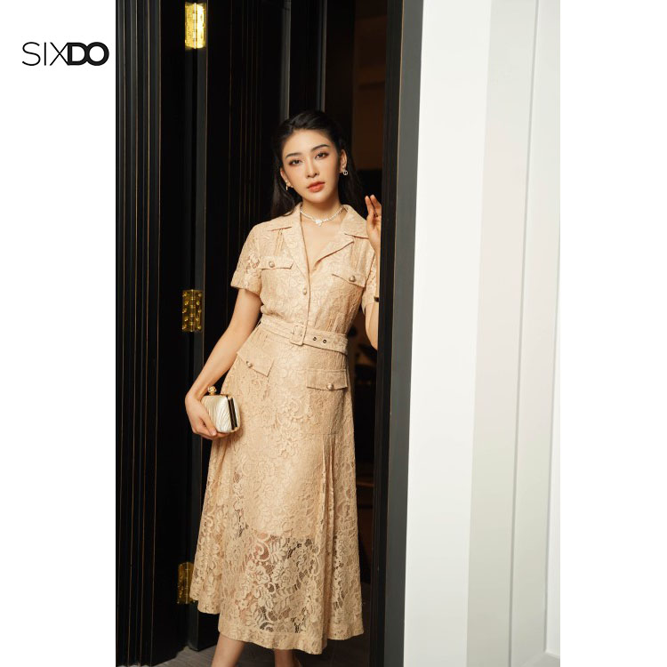 Đầm ren midi ngắn tay sang trọng SIXDO