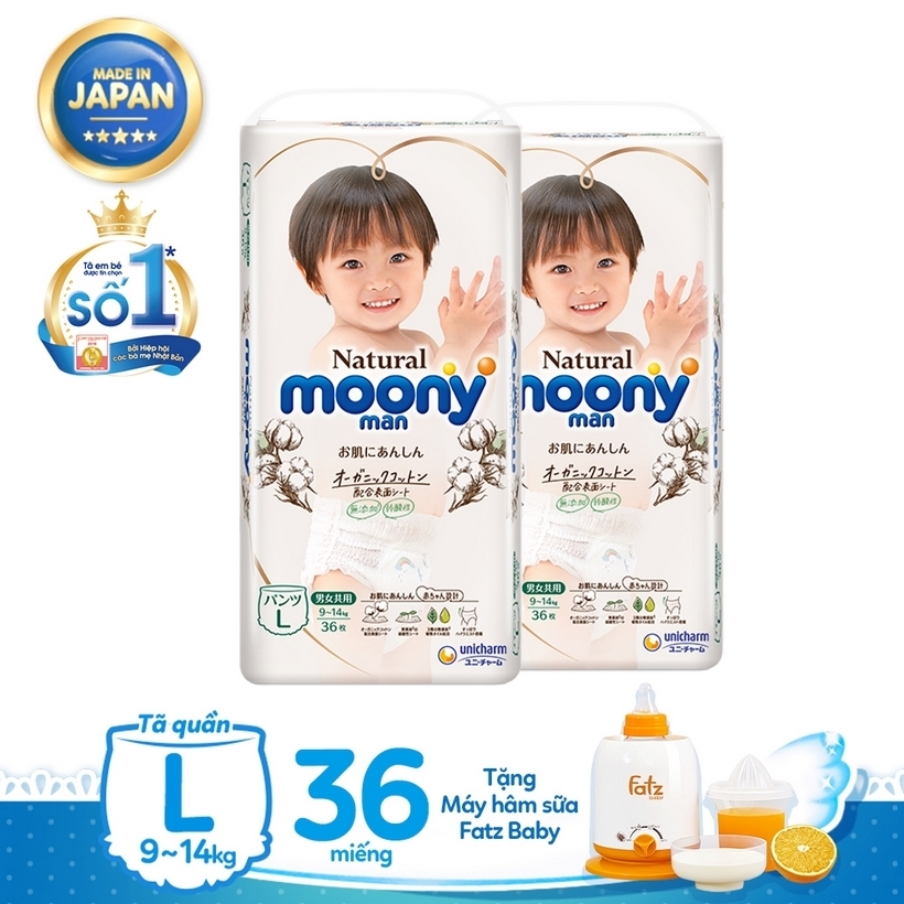 Bộ 2 tã quần Moony Natural L36 tặng máy hâm sữa Fatz Baby 3002SL