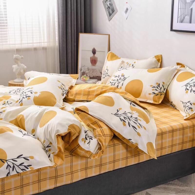 Bộ chăn ga gối Cotton poly M2T Bedding Hoa tròn vàng, vỏ chăn mền, drap nệm và 2 vỏ gối