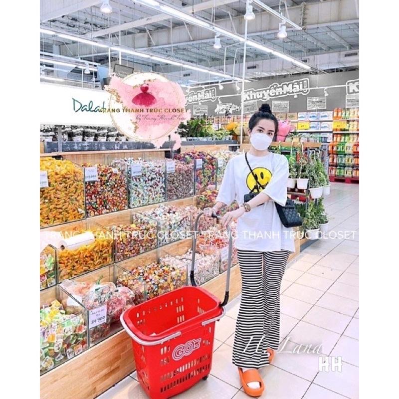Quần ống loe dáng dài, quần ống loe nữ, quần le đen kẻ xám.