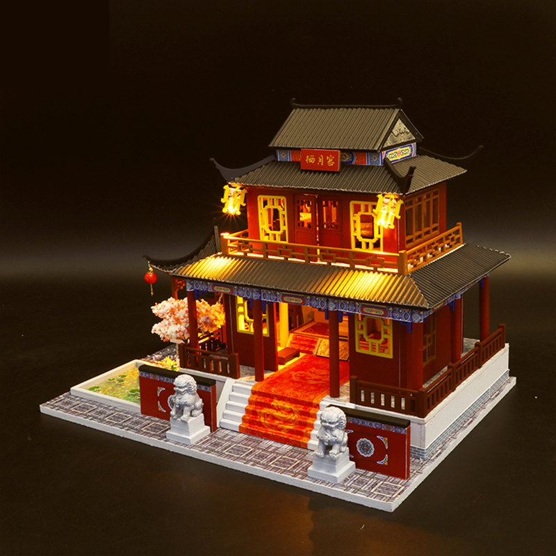 Mô hình nhà DIY Doll House Biệt phủ cổ Trung Quốc Kèm Đèn LED và Mica chống bụi