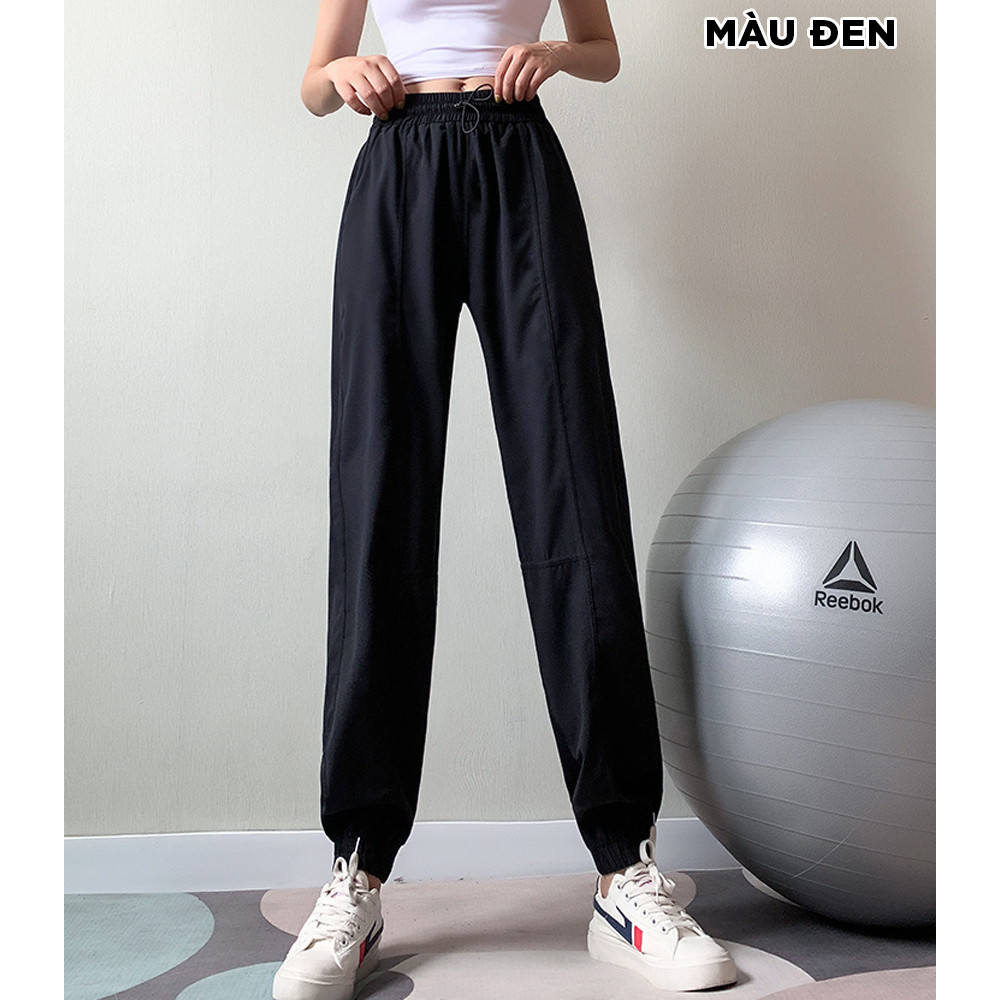 Quần jogger tập gym nữ GYMI QJ06 dáng rộng chất gió giấy mịn thoáng mát có dây rút phù hợp với tập thể thao yoga rumba chạy bộ – L – đen