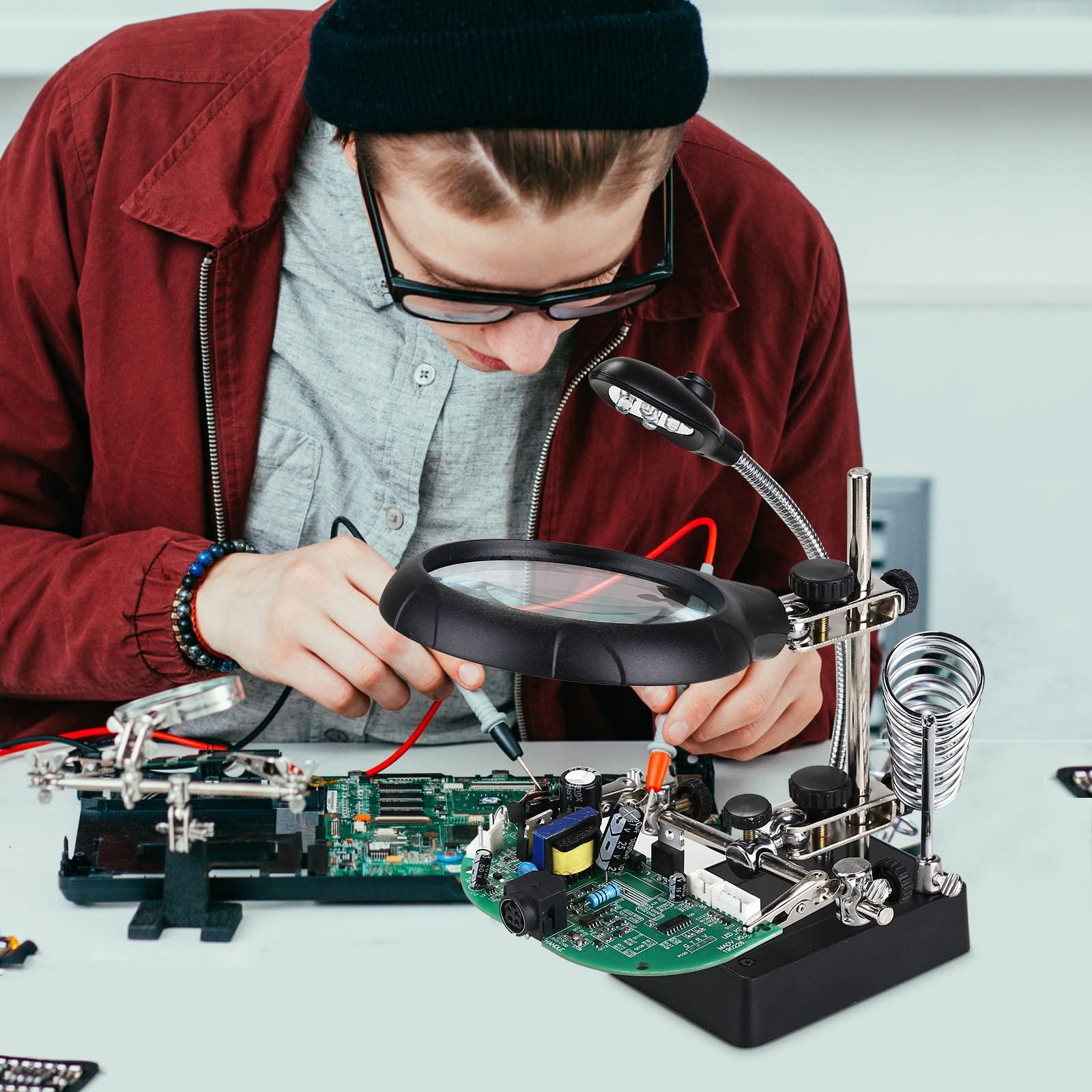 Kính lúp đứng 2,5X 7,5X 10x Kính lúp 5 đèn LED Bàn hàn đa chức năng tay thứ ba cho kỹ sư điện tử Thợ đồng hồ Sửa chữa đồng hồ hàn