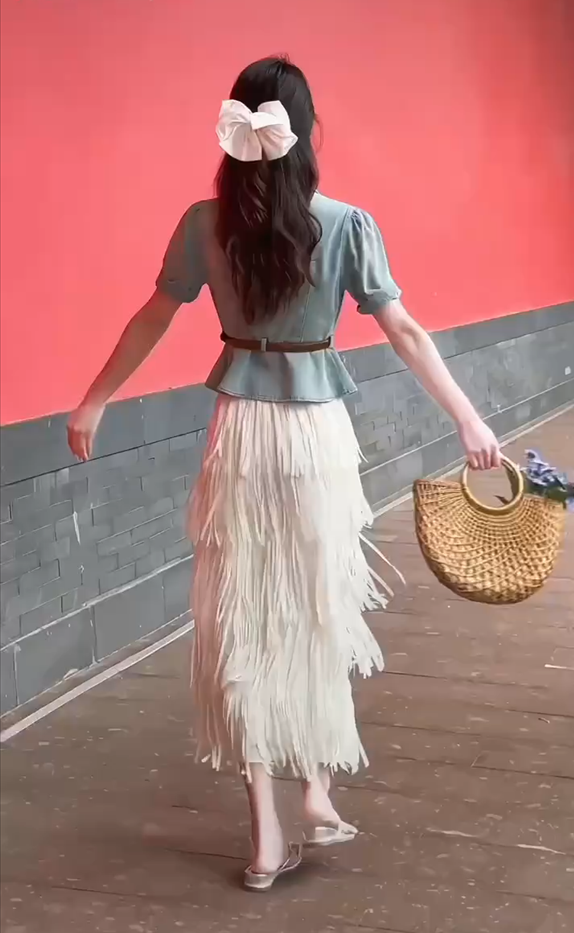 SHUANGYAN Trang phục mùa hè kết hợp với một bộ áo sơ mi cao bồi muối, khí chất, eo cao, thiết kế, váy nửa người tua rua, hai bộ đồ nữ.