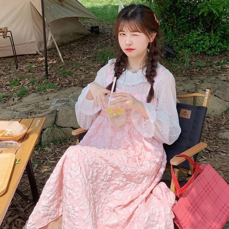 Set áo và váy hai dây hồng dễ thương