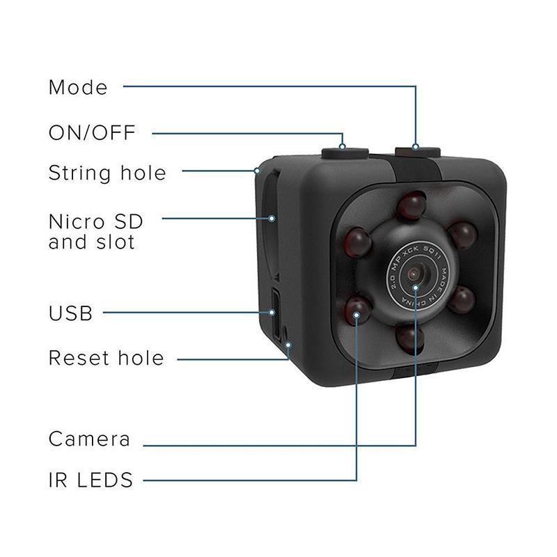 Sq11 Hd 1080p Mini Camera 6 Leds Night Vision Wide View Built-in Mic Portable Camera