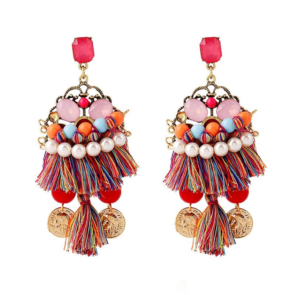 Trendy Shiny Tassel Fringe Earrings with Multisize Colorful Plastic Pearls