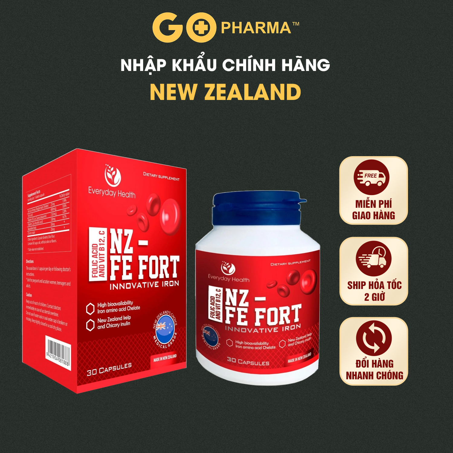 Viên uống sắt hữu cơ Everyday Health NZ - Fe Fort nhập khẩu NewZealand bổ sung sắt cho bà bầu và các đối tượng thiếu sắt