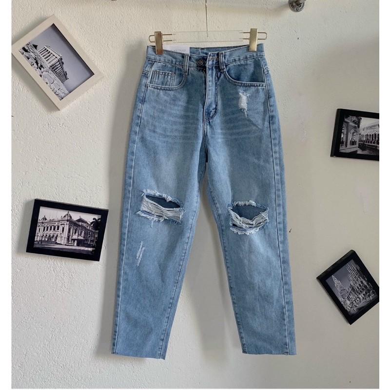 Quần jean baggy nữ ️ ️ Quần jean baggy nữ rách lưng cao size đại từ 40kg đến 80kg MS82 bigsize
