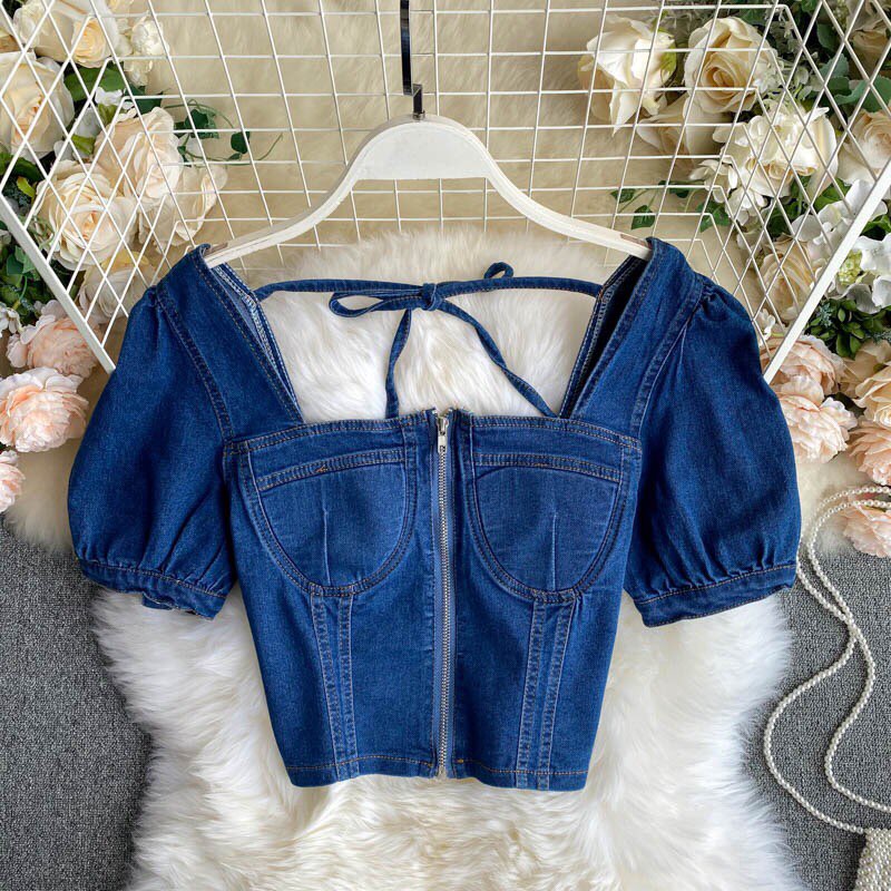 Áo denim croptop cổ vuông phong cách gợi cảm cho nữ