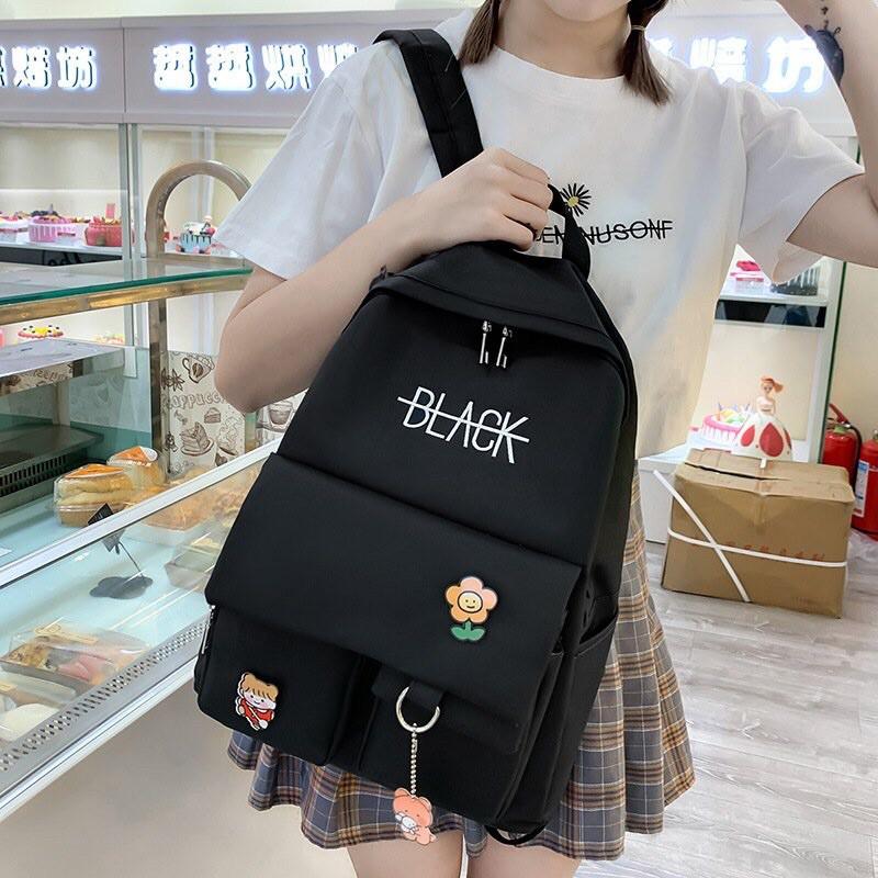 (Lẻ = Sỉ) Set Balo 4 Món Black và Hoa BALO THỜI TRANG NAM NỮ TO Ulzzang