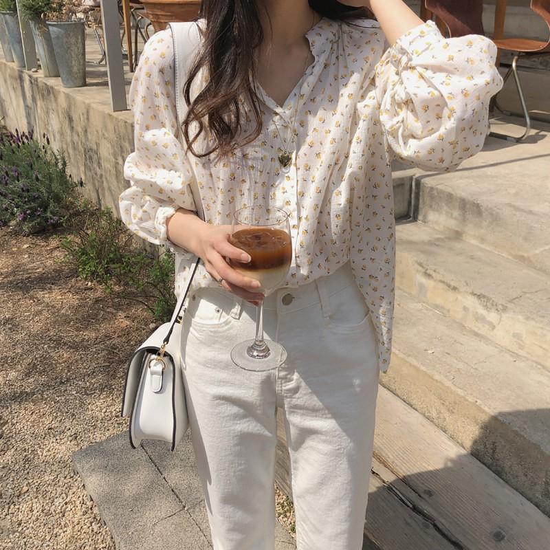 Áo sơ mi hoa nhí dài tay viền bèo thời trang Hàn Quốc, Áo sơ mi họa tiết hoa nhí cực xinh ngày hè