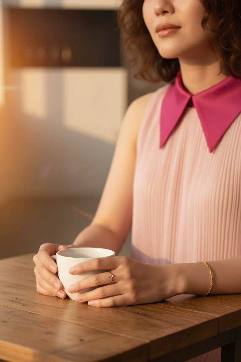 Áo Sơ Mi Vai Yếm Dập Ly, Áo Sát Nách Cổ Sơ Mi Hồng thời trang thiết kế Hity TOP246