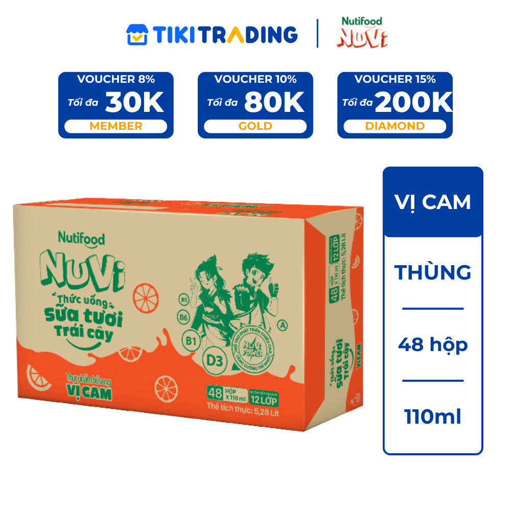 Thùng 48 hộp Thức Uống Sữa Tươi Trái Cây Tươi Nuvi Vị Cam 110ml - Tăng Cường Chiều Cao, Phát Triển Trí Não