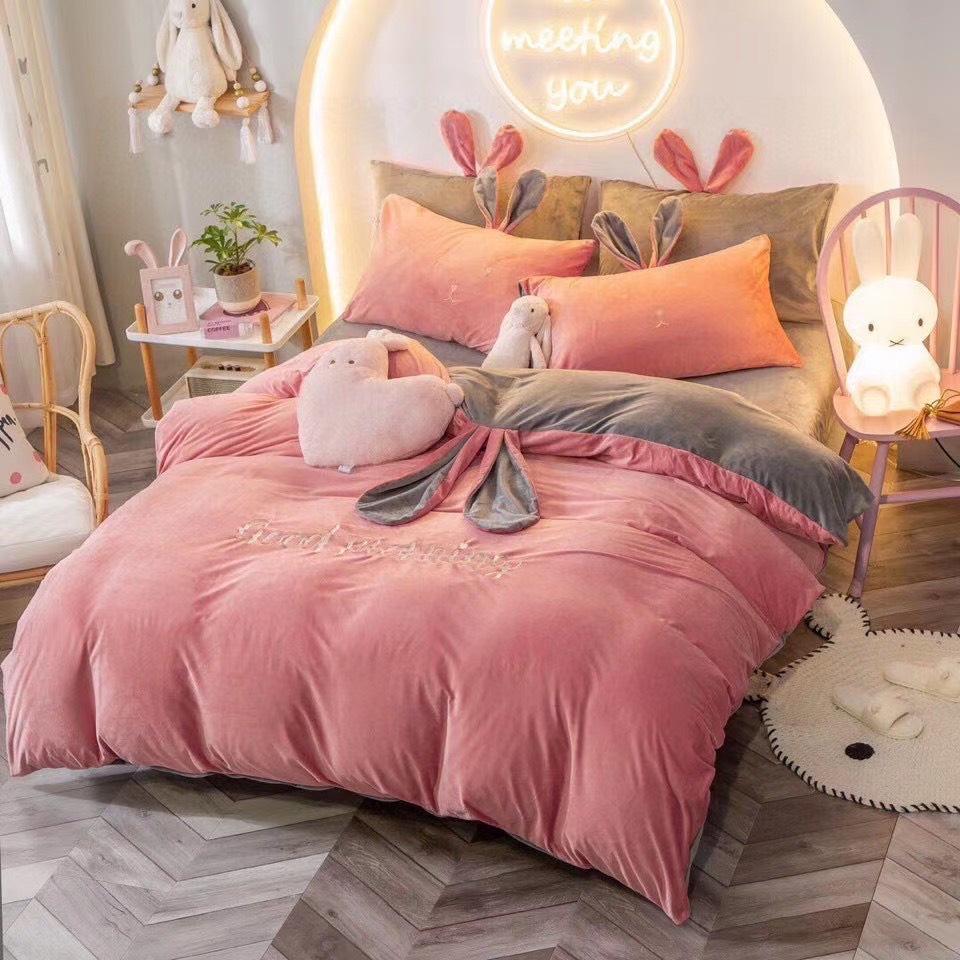 Bộ Chăn Ga Gối Nỉ Nhung Tai Thỏ Cao Cấp Siêu Mềm Mịn - loại 1