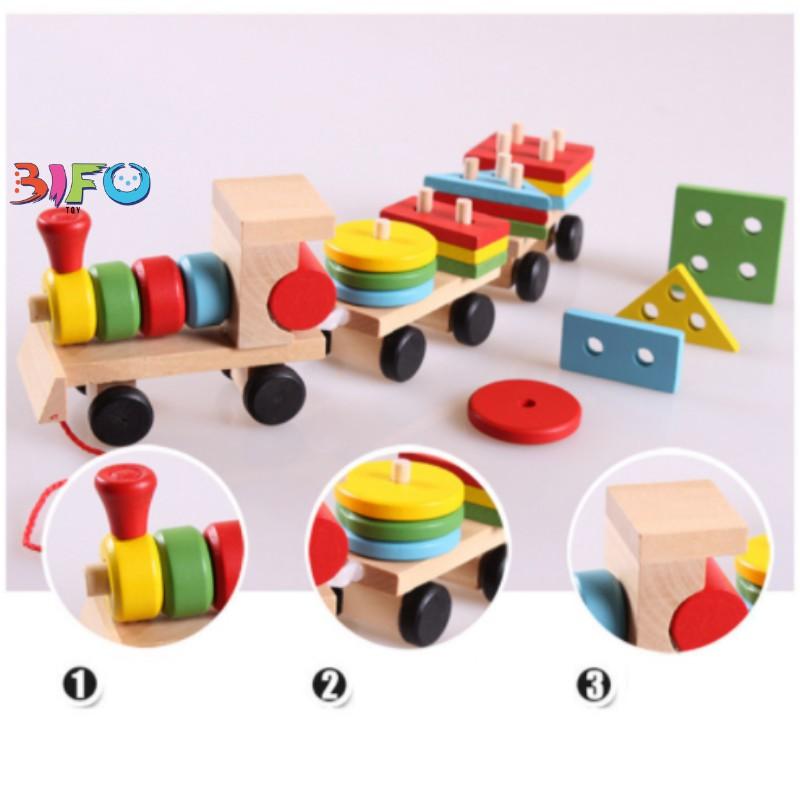 Đồ chơi tàu gỗ thả hình khối và màu sắc tổng hợp theo phương pháp Montessori giúp bé phát triển trí thông minh toàn diện