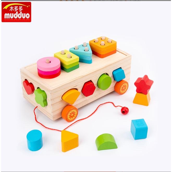 Đồ chơi thông minh xe kéo thả hình khối kèm bảng phân loại bằng gỗ mịn an toàn cho bé giúp phát triển tư duy trí tuệ