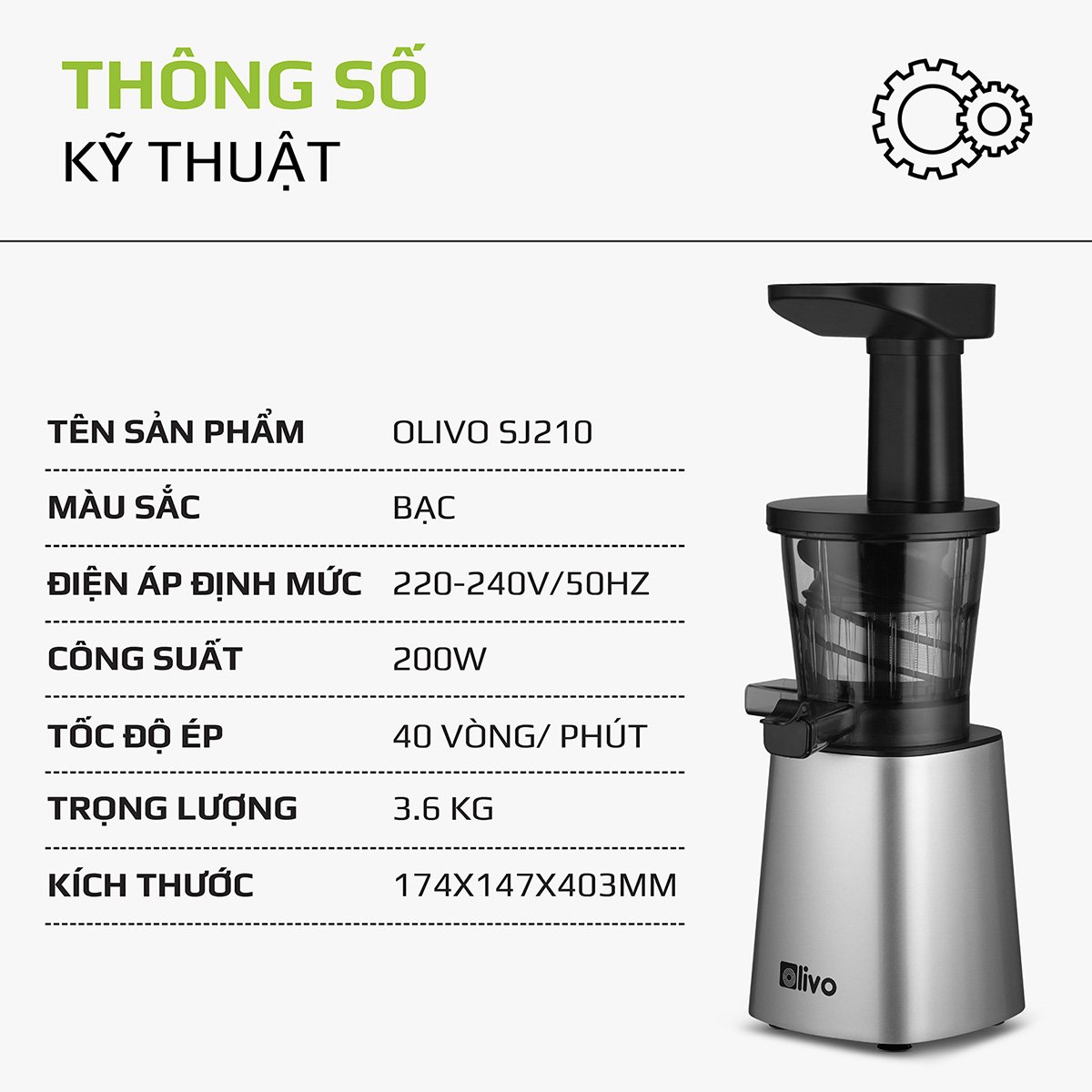 Máy Ép Chậm Trái Cây Hoa Quả Rau Củ OLIVO SJ210 - Hàng Chính Hãng