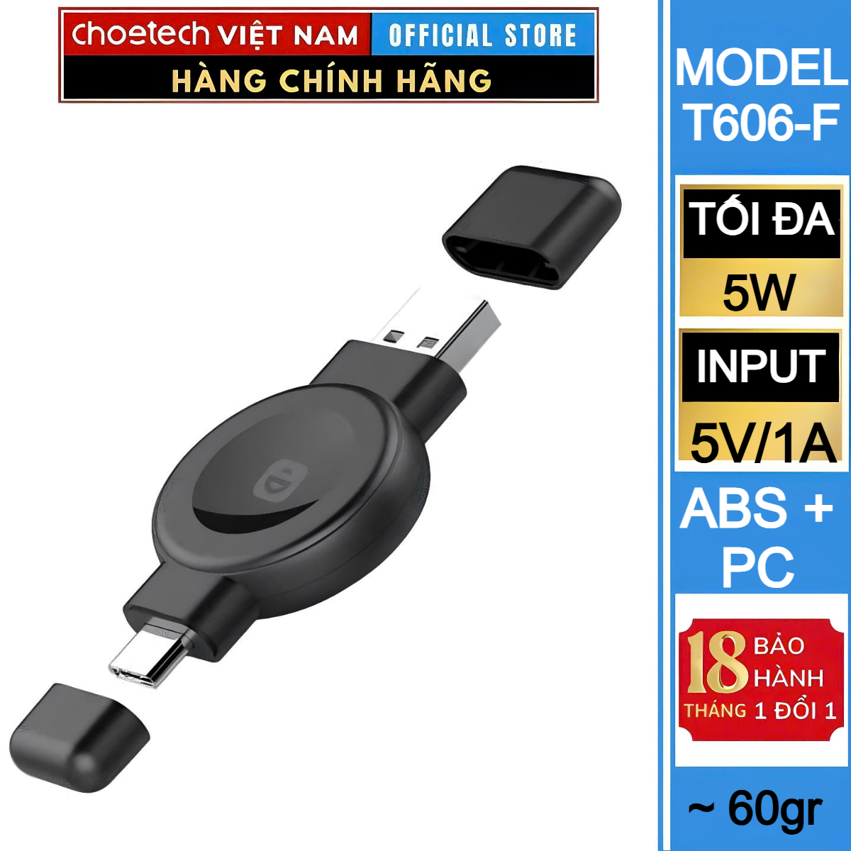 Sạc không dây đồng hồ đa năng Choetech T606-F với 2 đầu cắm Usb A + Type C - Hàng chính hãng