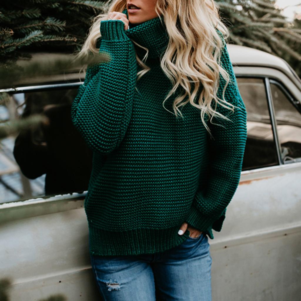Women's Casual High Turtleneck Chunky Knit Sweater Oversized Pullover