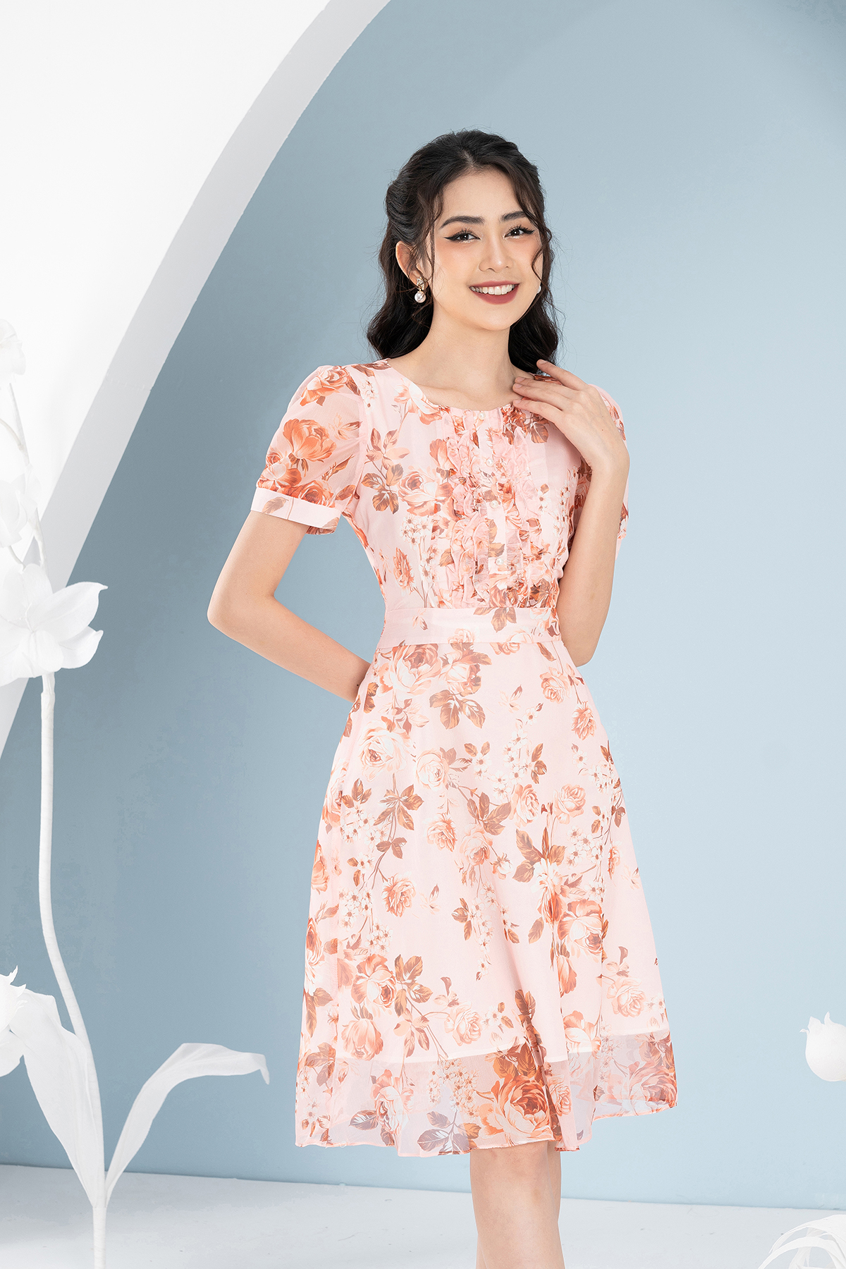 Đầm Hoa Hồng Dáng Xòe Nhẹ Nhàng Luperi LFV3291 thiết kế bèo nhún