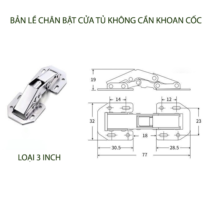 Bộ 02 Bản lề cửa tủ thể hệ mới không cần khoan cốc, loại 3-4 inch tùy chọn