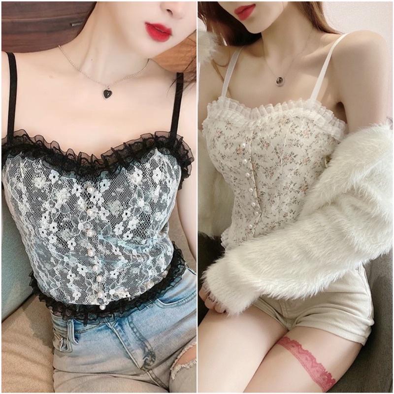 Hình ảnh Áo 2 Dây Nữ Ren Hoa Tiểu Thư Đính Hạt Viền Bèo, Chun Sau Dáng Croptop Siêu Sang Chảnh Có Mút Ngực 1202