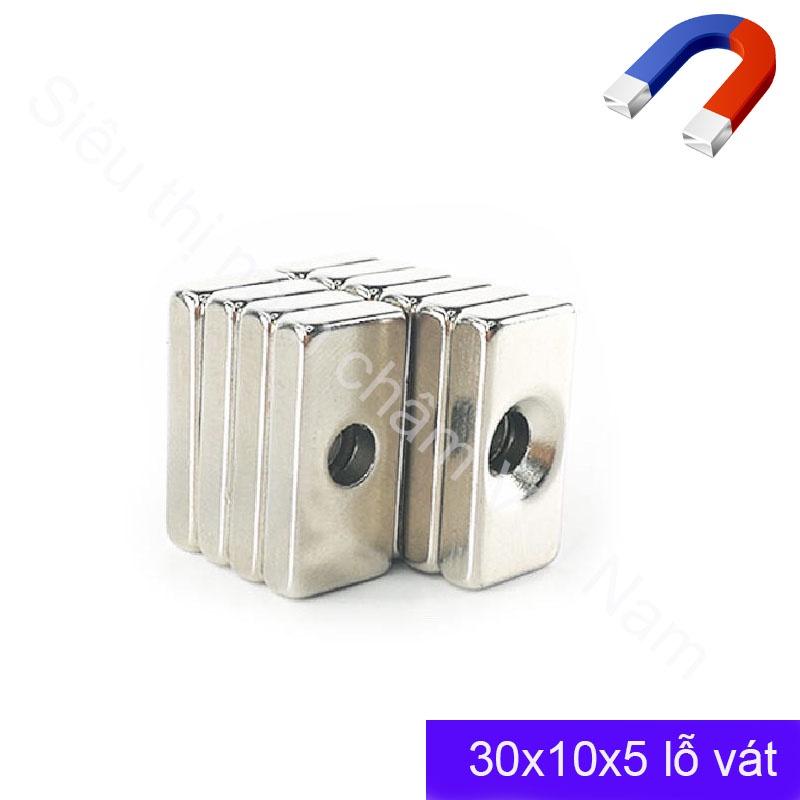 Nam châm trắng kích thước 30x10x5 1 lỗ vát set 5 viên, nam châm đất hiếm siêu cường