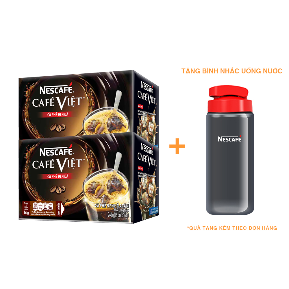 Combo 2 hộp cà phê hòa tan Nescafé café Việt đen đá (Hộp 15 gói x 16g) - [Tặng 1 bình nước Water Reminder 700ml]