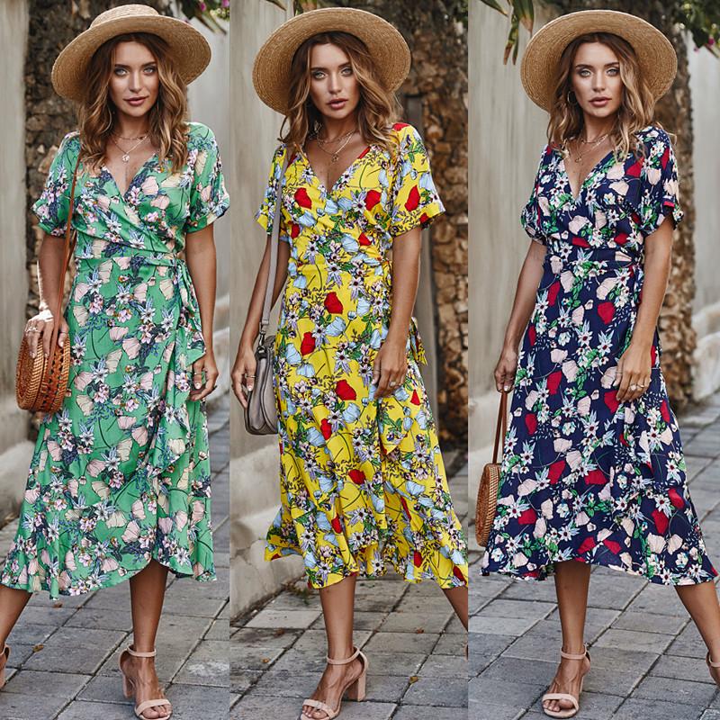 Fashion Women Summer Floral Print Dress V Neck Short Sleeve High Waist Sashes Irregular Hem Casual Holiday Beach Dress
