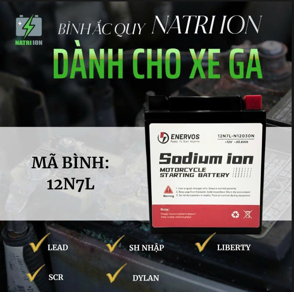 Bình Ắc Quy Xe Máy Natri iOn 12N7L 12V-7Ah, dùng cho SH Ý, DYLAN, Lead cũ, Vespa mới, Liberty, SCR