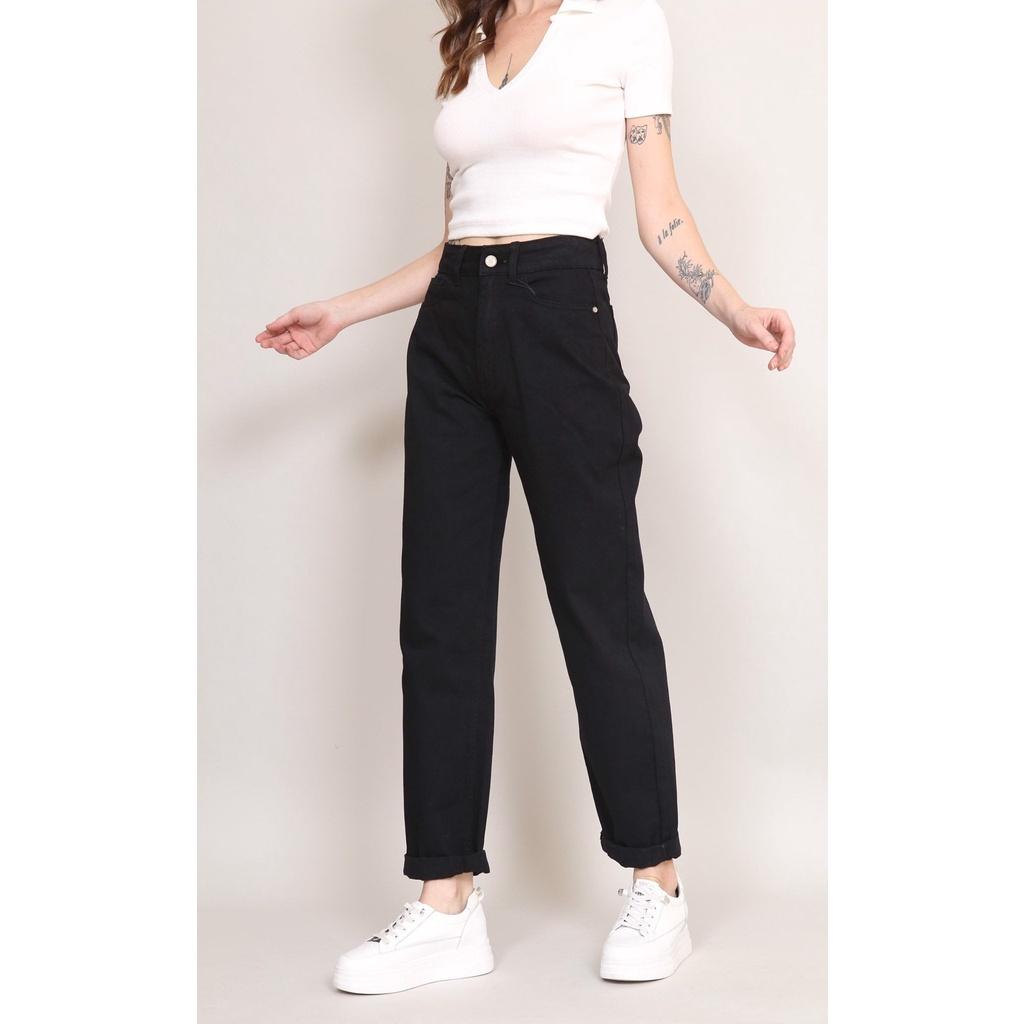 Quần jean nữ Baggy lưng cao dáng BoyFriend 90 cm 2 màu đen chất co giãn không phai màu