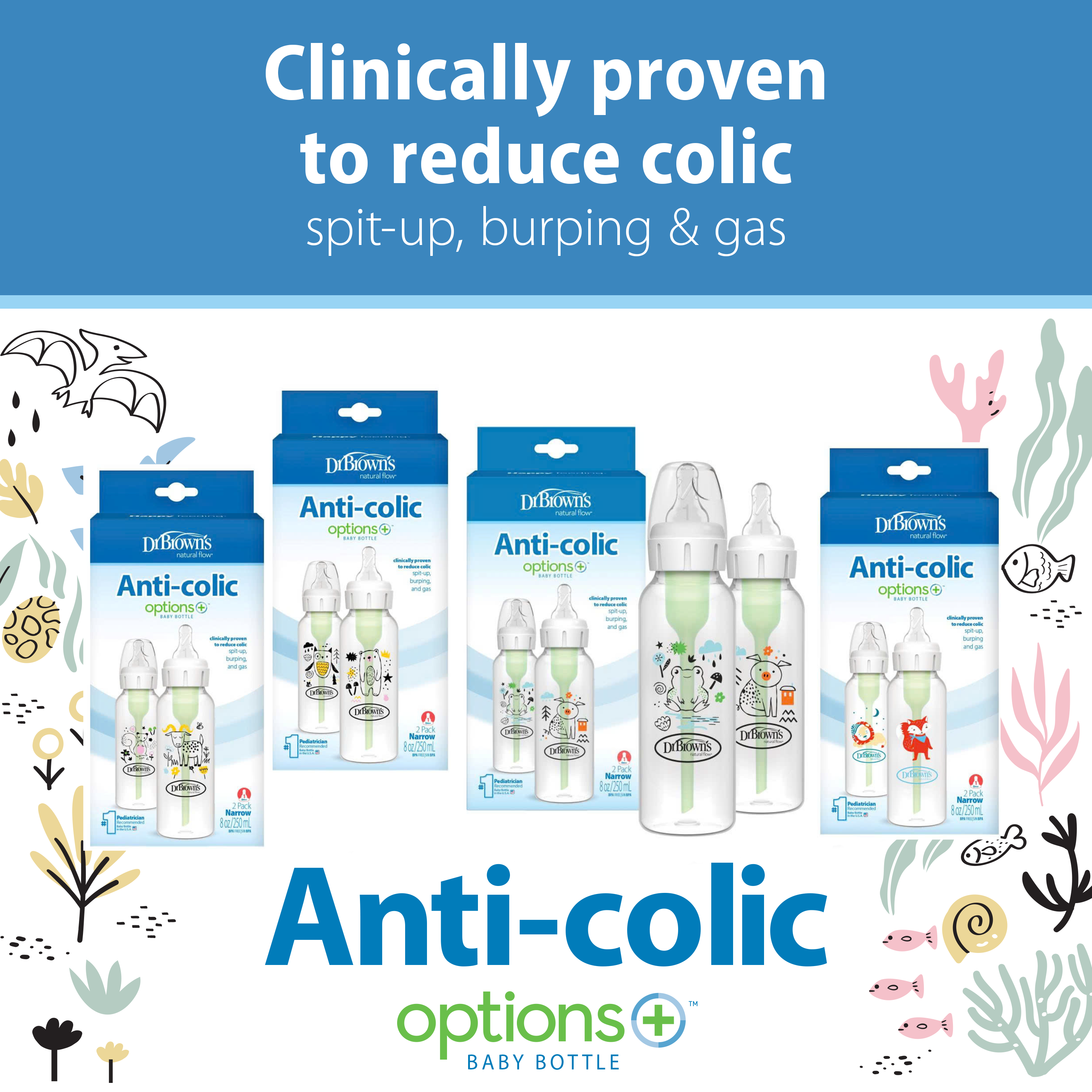 [ SB82034/40/41/42 ] Bộ 2 bình sữa Dr.Brown's nhiều họa tiết dễ thương, nhựa PP, 250ml, phiên bản Options Plus