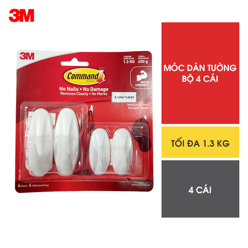 Bộ 4 Móc dán tường Command 3M hịu lực tối đa 1.3kg - Dễ sử dụng, độ bền cao, bám cực chắc, tháo cực dễ 17081 - VP