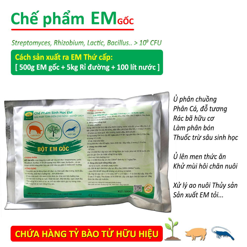 Combo 1 gói Chế phẩm EM gốc và 1kg Nấm đối kháng Trichoderma TRIBAC. Ủ phân cá, rác bã hữu cơ hoai mục nhanh không mùi hôi. Ngăn chặn nấm bệnh gây thối rễ vàng lá