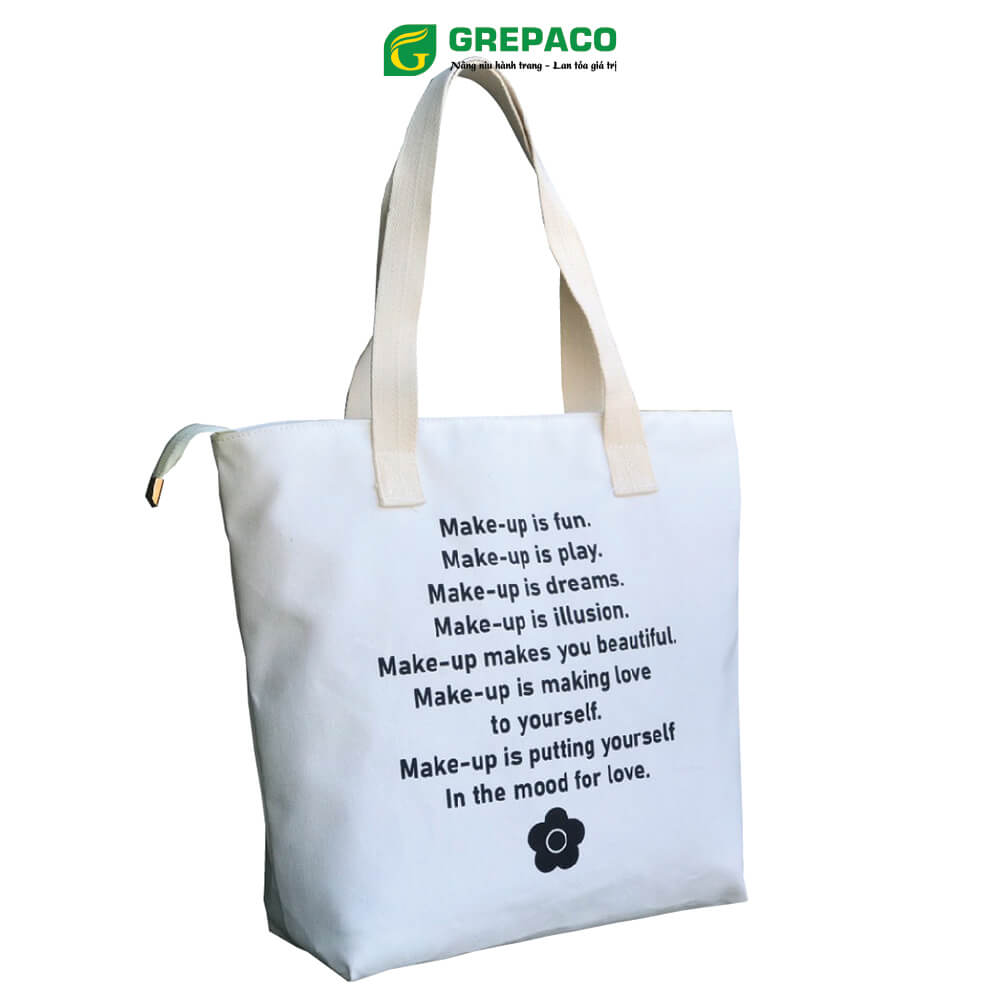 Hình ảnh Túi Tote Nữ Grepaco Xách Vải Bố Canvas Cao Cấp In Chữ Đẹp Đeo Chéo Vai Có Khóa Kéo Nhiều Ngăn Dùng Đi Học, Làm Công Sở, Du Lịch Phong Cách Thời Trang Hàn Quốc - Tặng Túi Đựng Mỹ Phẩm