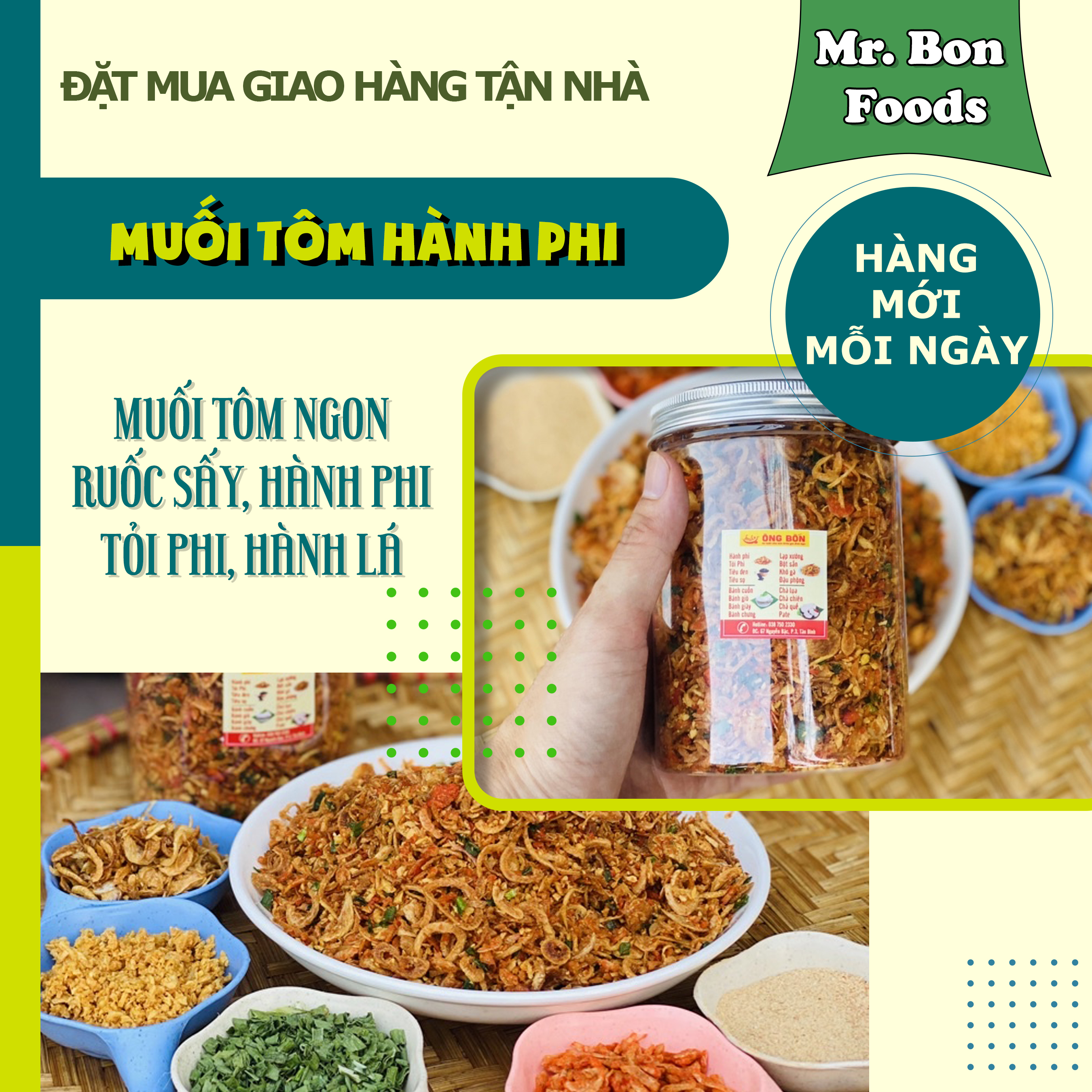 Muối Tôm Hành Phi ÔNG BỐN - Tặng 200g Bánh Tráng Phơi Sương(hũ 300g)