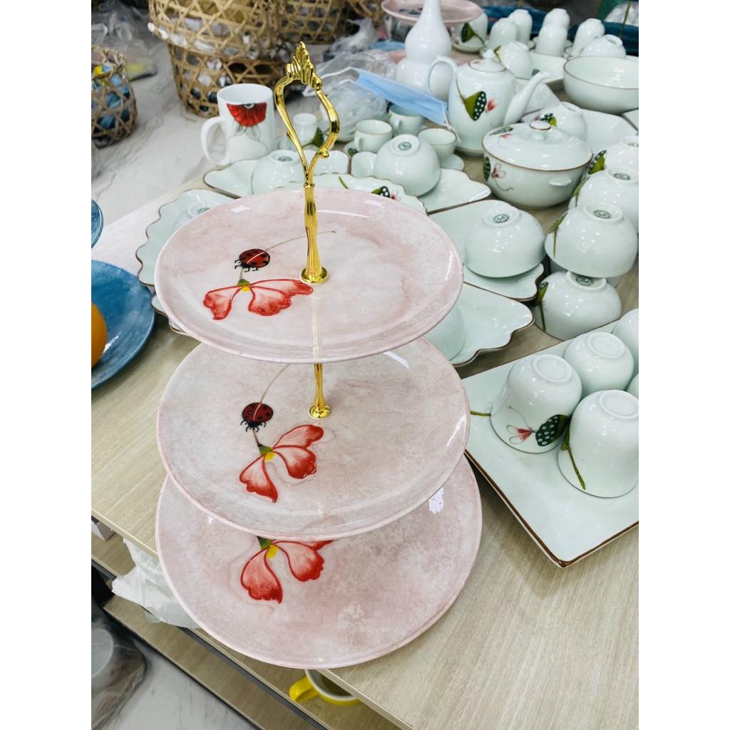 Đĩa gốm sứ 3 tầng men đá họa tiết