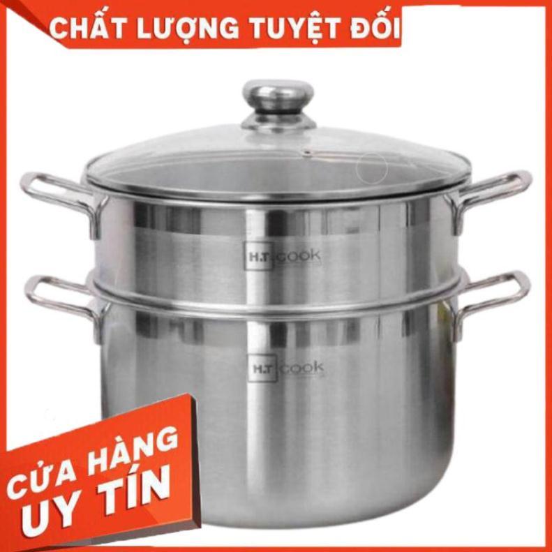 Bộ nồi và xửng hấp inox 430 bếp từ 1 đáy HT COOK 28cm nắp kính dùng được bếp từ