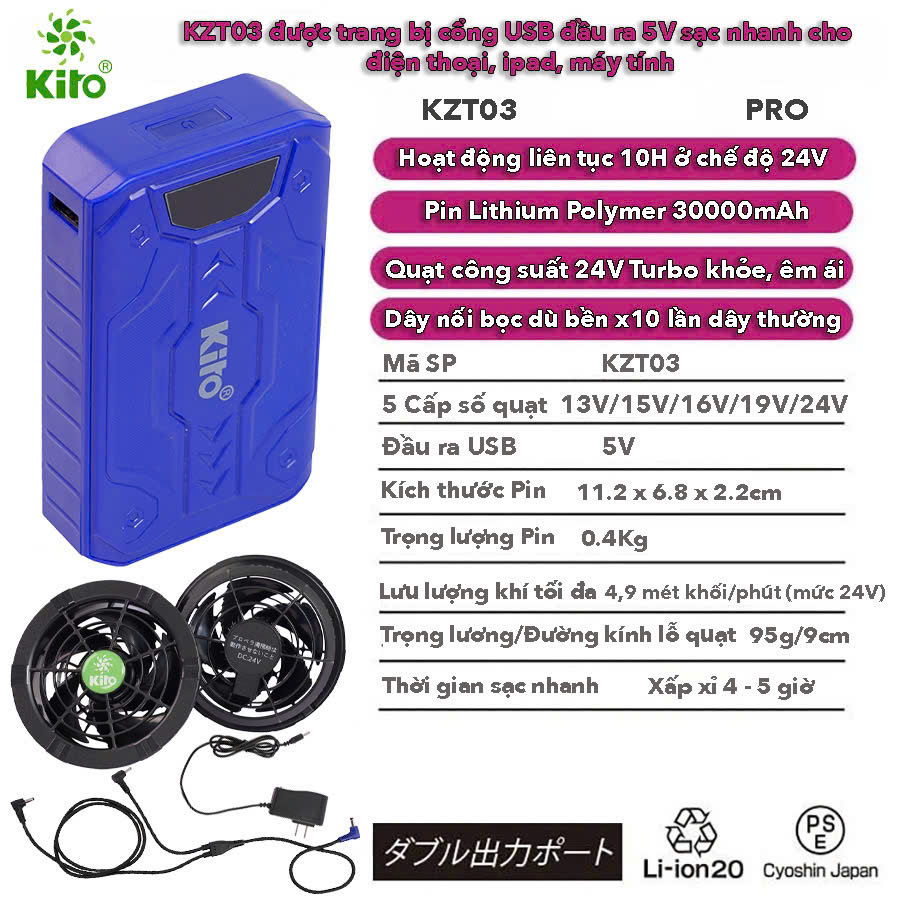 Bộ phụ kiện áo điều hòa KITO PRO mới nhất 2026 pin 30.000mah quạt 24V nhỏ gon chạy liên tục 9-18 tiếng